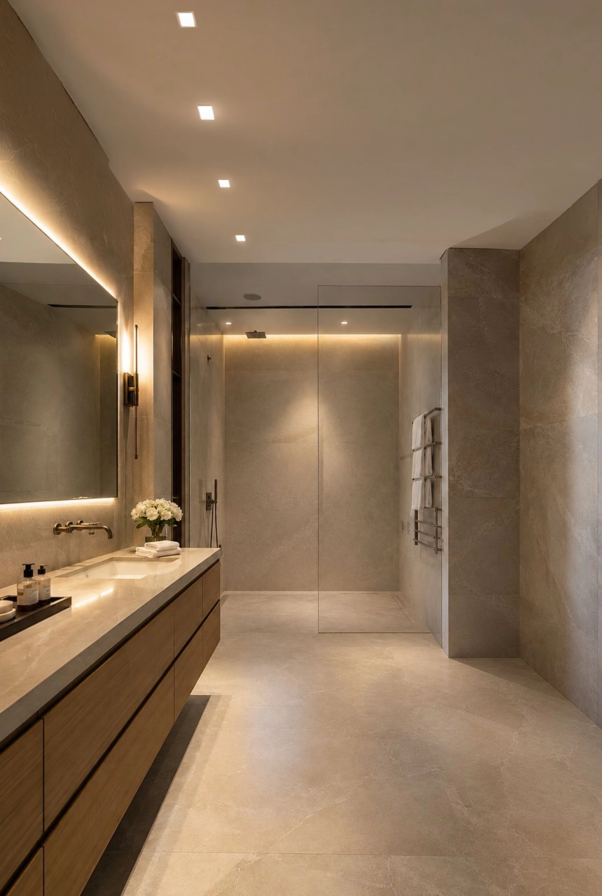 X4 Design and Build modern bathroom project with long vanity, warm wood cabinet, large mirror, soft lighting, and glass shower area