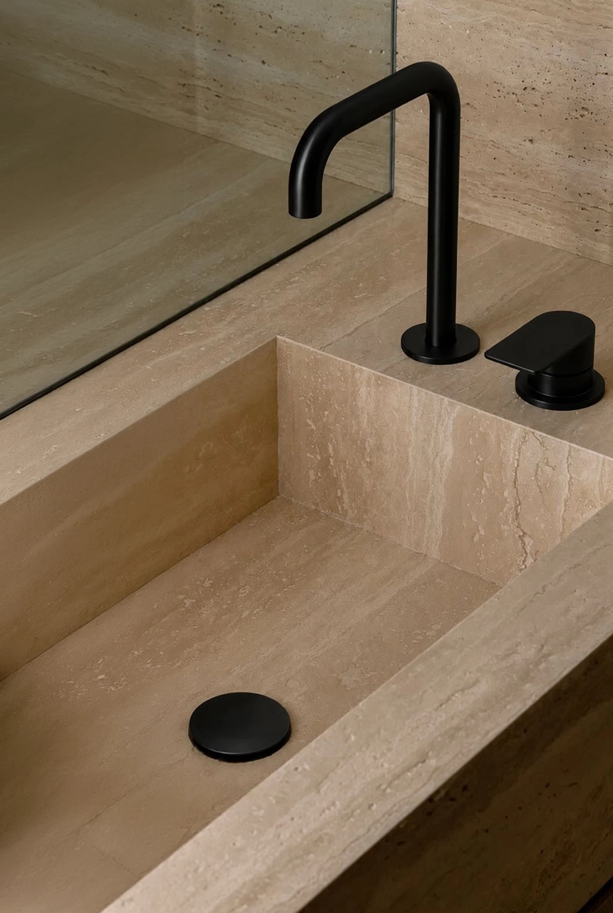 X4 Design and Build luxury travertine bathroom countertop with integrated stone basin, black modern faucet, black mixer, mirror reflection, and refined bathroom detail