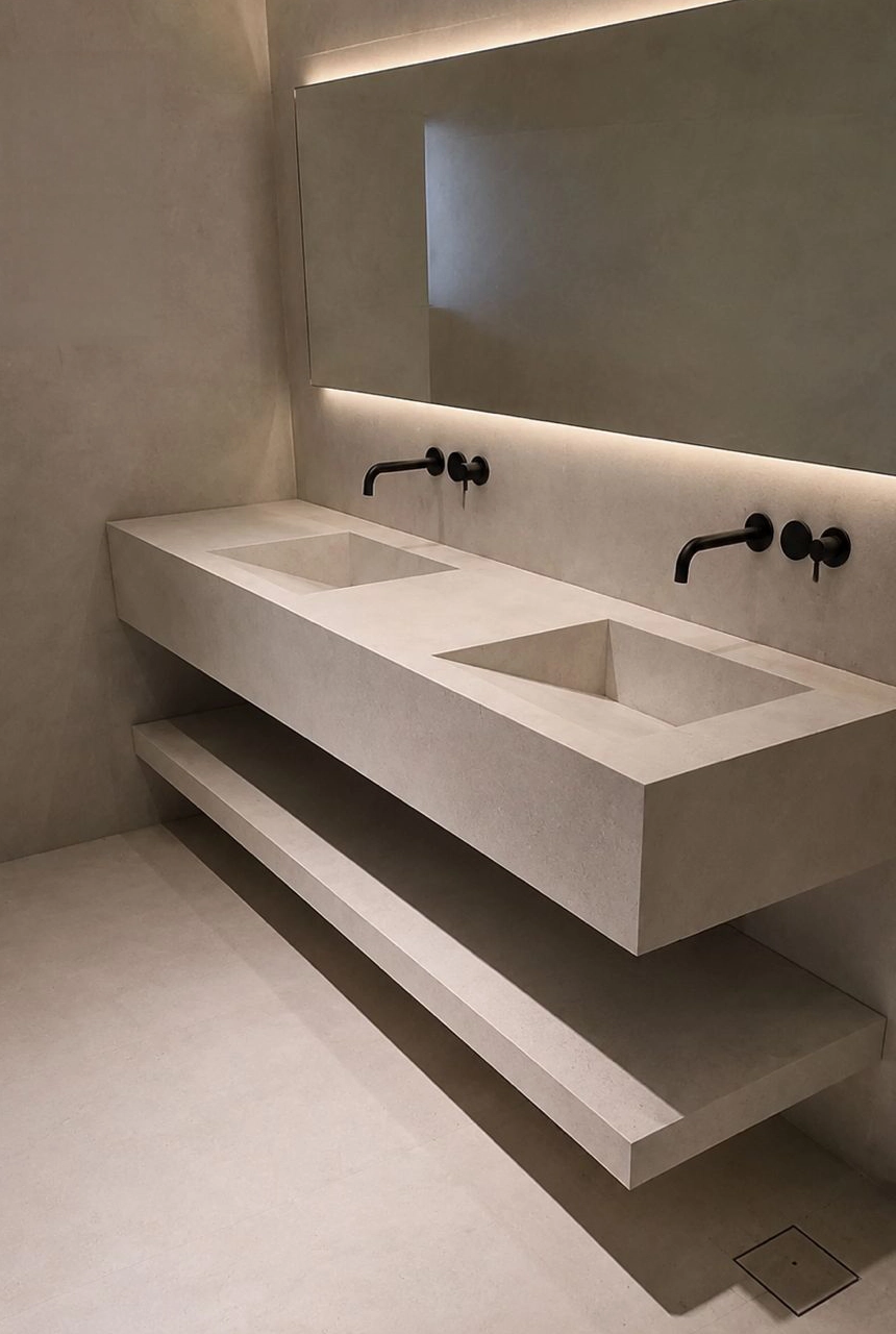 X4 Design and Build double bathroom countertop with floating stone vanity, two integrated basins, black wall mixers, large mirror, and modern bathroom finishing