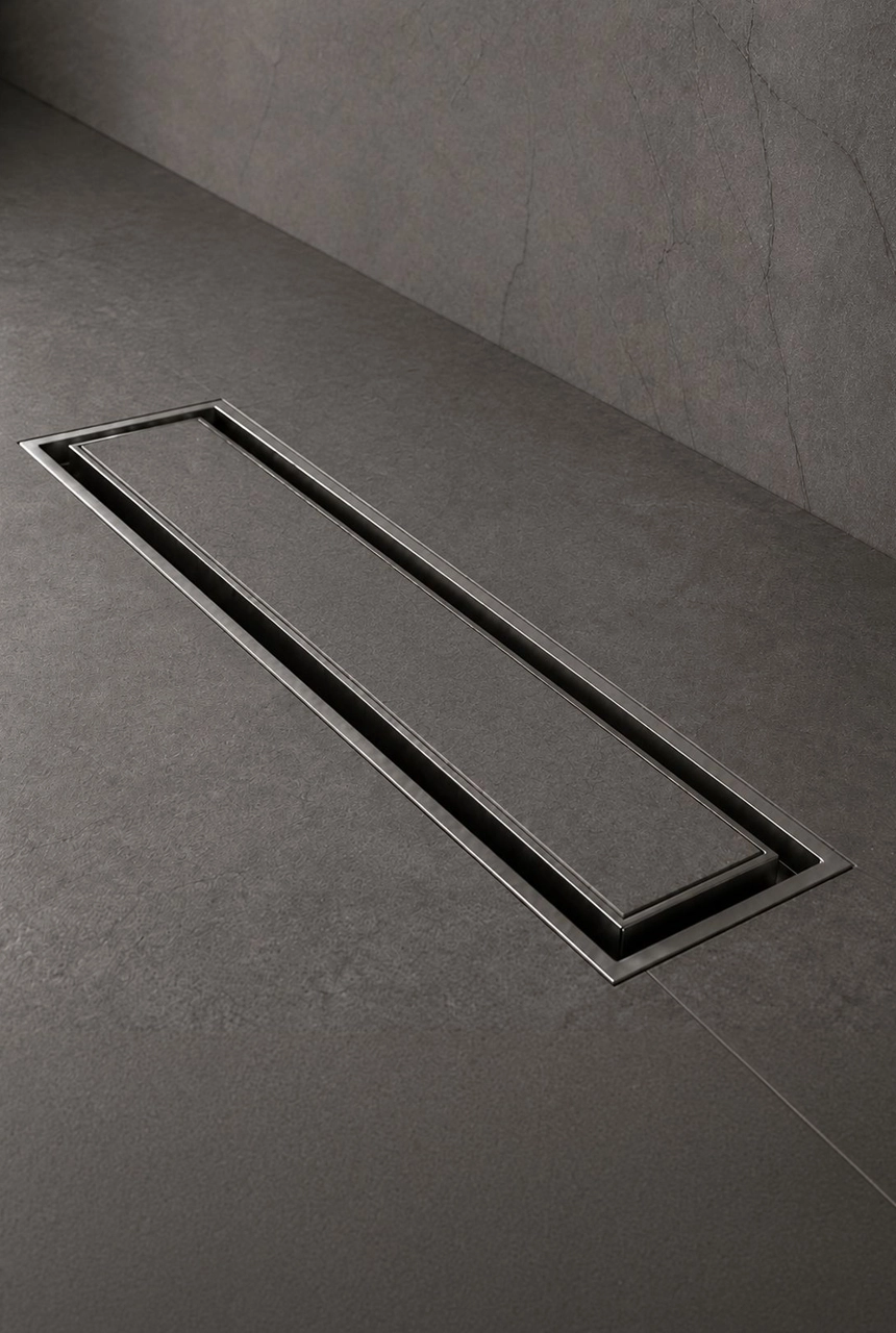 X4 Design and Build modern grey bathroom floor with slim linear floor trap, matte wall finish, stainless steel drainage cover, and clean shower detailing
