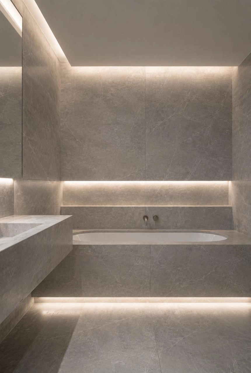 X4 Design and Build modern grey shower and bathtub area with stone wall finishes, concealed lighting, integrated bathtub, and luxury bathroom detailing