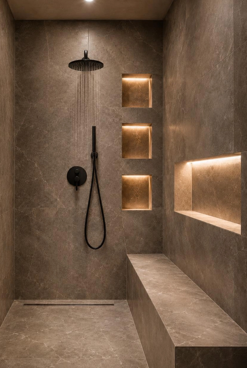 X4 Design and Build luxury dark stone walk-in shower with black rain shower, recessed illuminated niches, shower bench, and modern bathroom finishing