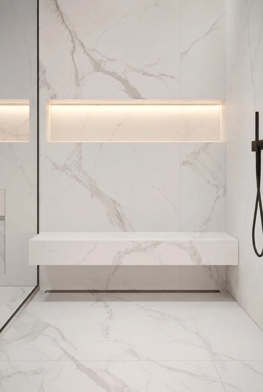 X4 Design and Build white marble shower area with integrated bench, recessed wall niche, black shower fittings, glass partition, and luxury bathroom finish