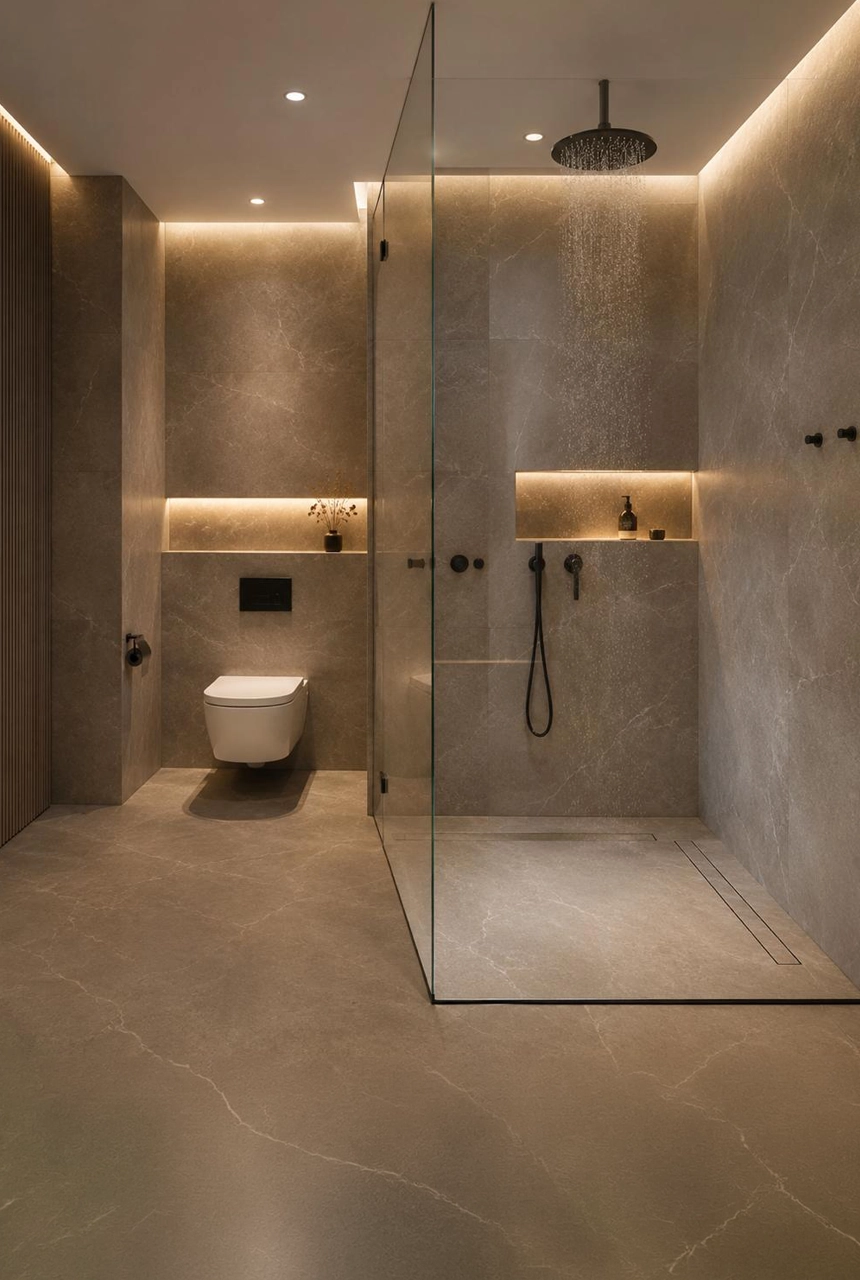 X4 Design and Build modern glass shower room with grey stone walls, wall mounted toilet, recessed niche, black shower fittings, and concealed lighting