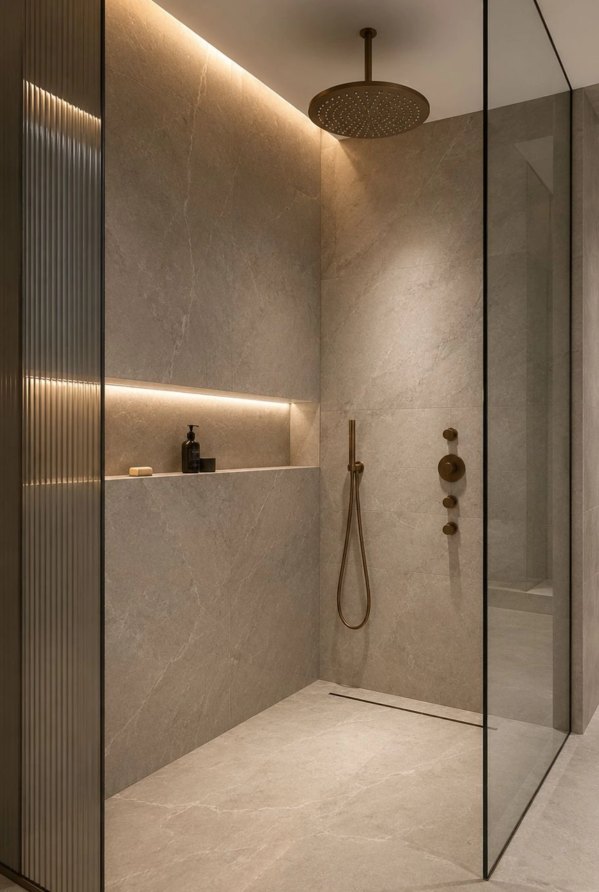X4 Design and Build warm stone shower area with glass partition, wall niche, chrome shower hose, ceiling rain shower, and soft concealed lighting