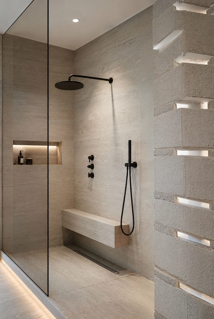 X4 Design and Build travertine shower area with black rain shower, built-in stone bench, recessed shelves, glass partition, and modern luxury bathroom design