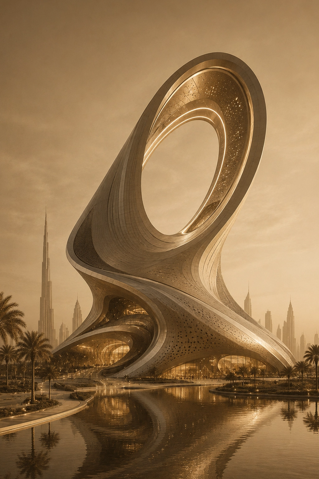 Nidal Yazbek Future Concept Celestara Gate in Dubai with cosmic circular architecture, space inspired form, golden futuristic structure, waterfront reflection, and visionary skyline presence