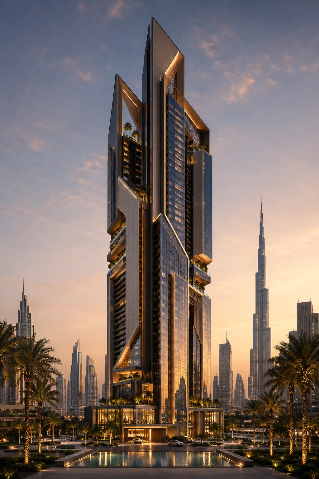 Nidal Yazbek Future Concept Elyon Signature Tower in Dubai with luxury glass facade, sharp architectural geometry, illuminated sky terraces, palm landscape, and buildable future skyline identity