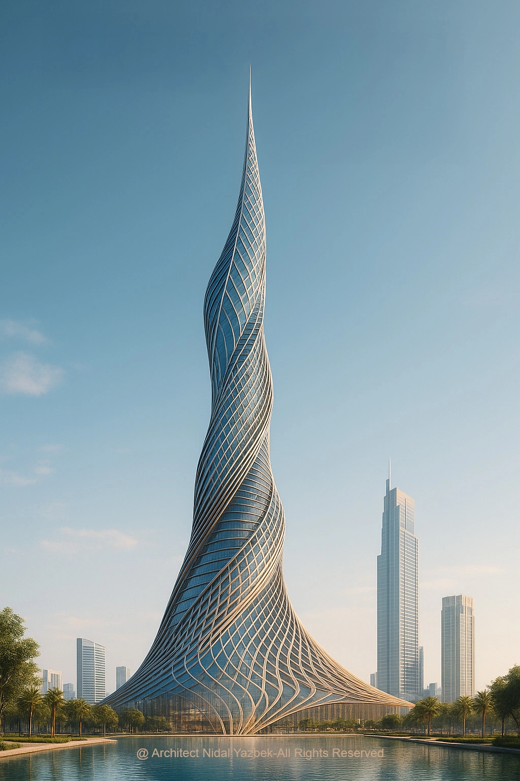 Nidal Yazbek Future Concept Aetheris Spire in Dubai with twisting lattice facade, futuristic vertical form, water reflection, and advanced skyline architecture