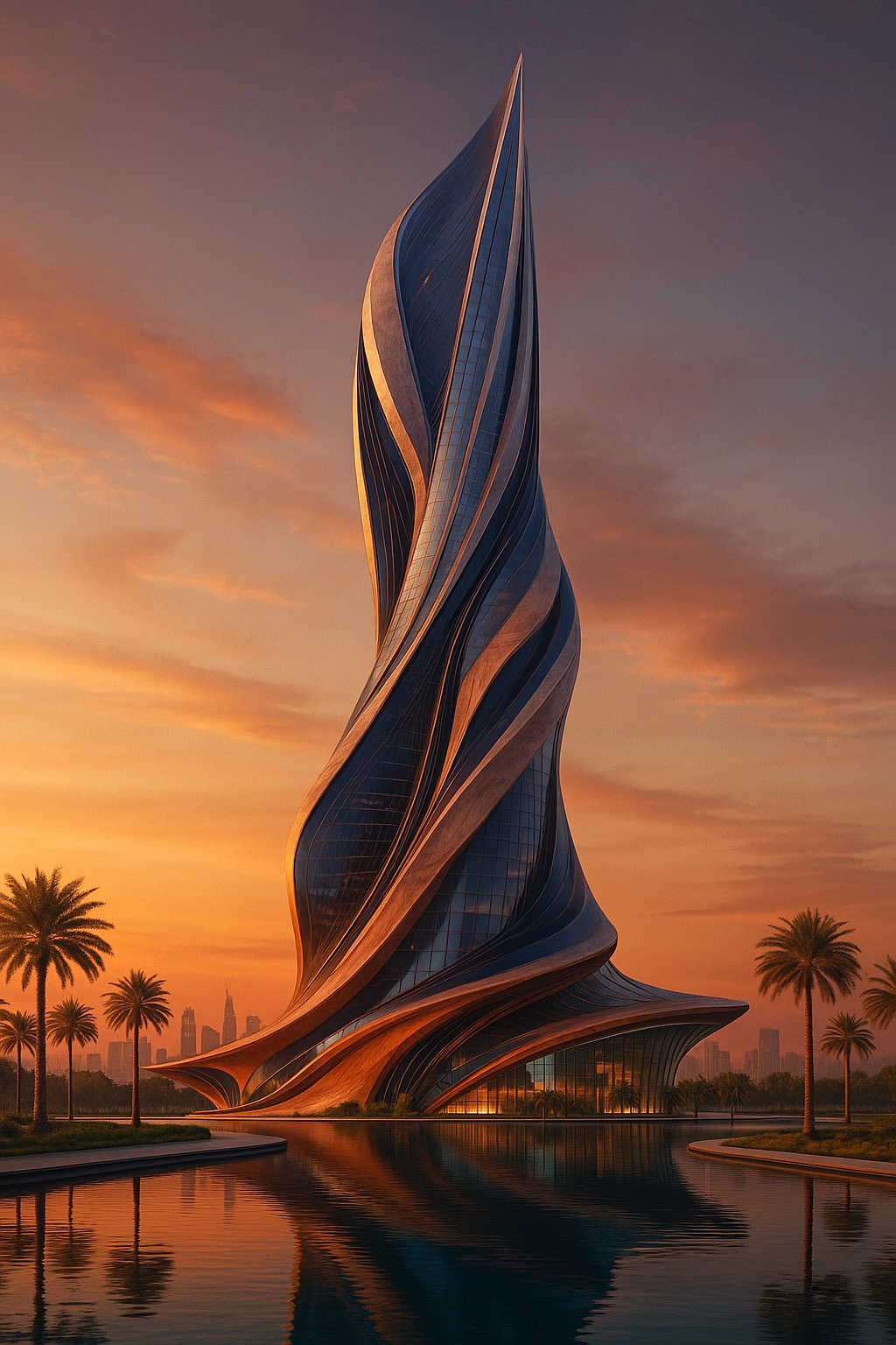 Nidal Yazbek Future Concept Solara Tower in Dubai with sculptural twisting facade, sunset reflection, water edge, and futuristic architectural form