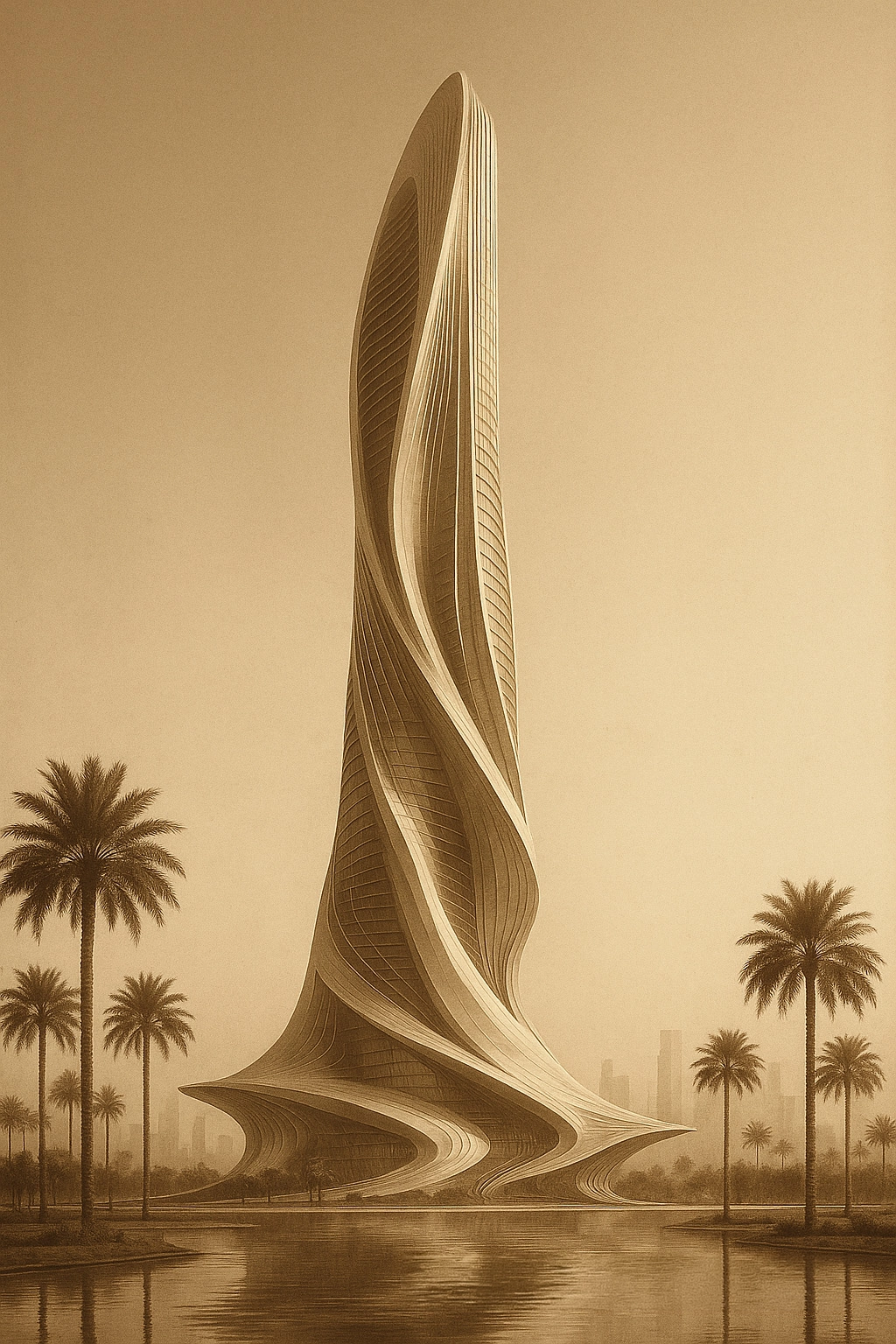 Nidal Yazbek Future Concept Veyra Tower in Dubai with elegant golden facade, sculptural vertical form, palm landscape, and futuristic architectural presence