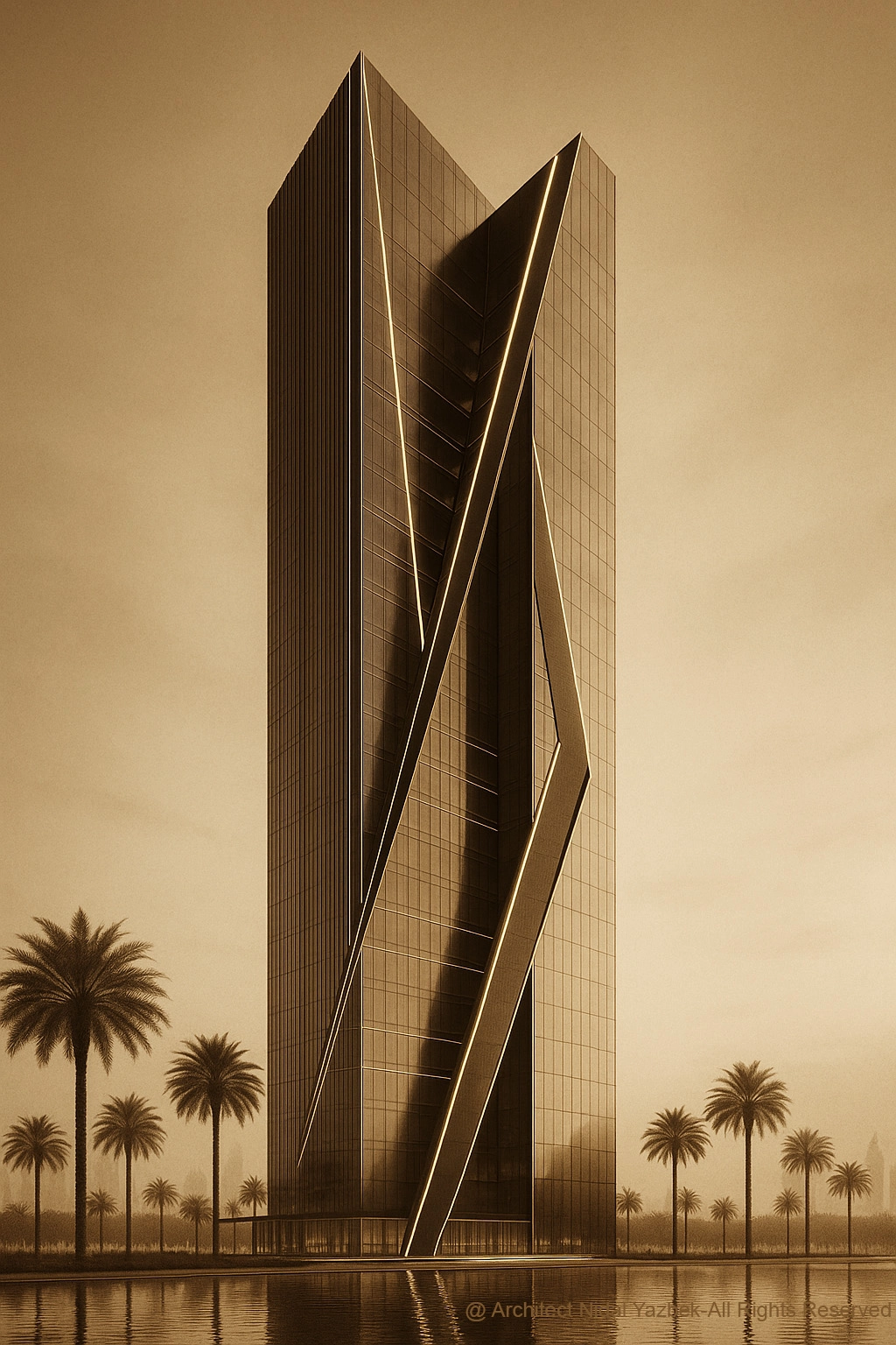 Nidal Yazbek Future Concept Velaris Edge Tower in Dubai with dark bronze glass facade, sharp geometric lines, sculptural diagonal frame, waterfront setting, and luxury future skyline presence