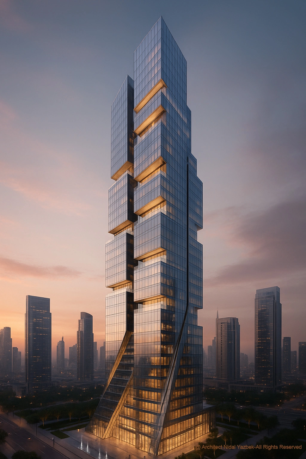 Nidal Yazbek Future Concept Zenith Tower in Dubai with stacked glass volumes, illuminated sky terraces, and a futuristic skyline presence