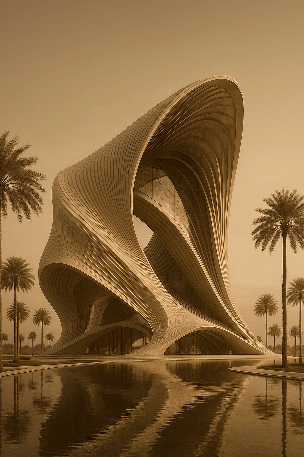 Nidal Yazbek Future Concept Orava Landmark in Dubai with organic golden architecture, flowing sculptural form, palm landscape, and futuristic waterfront presence