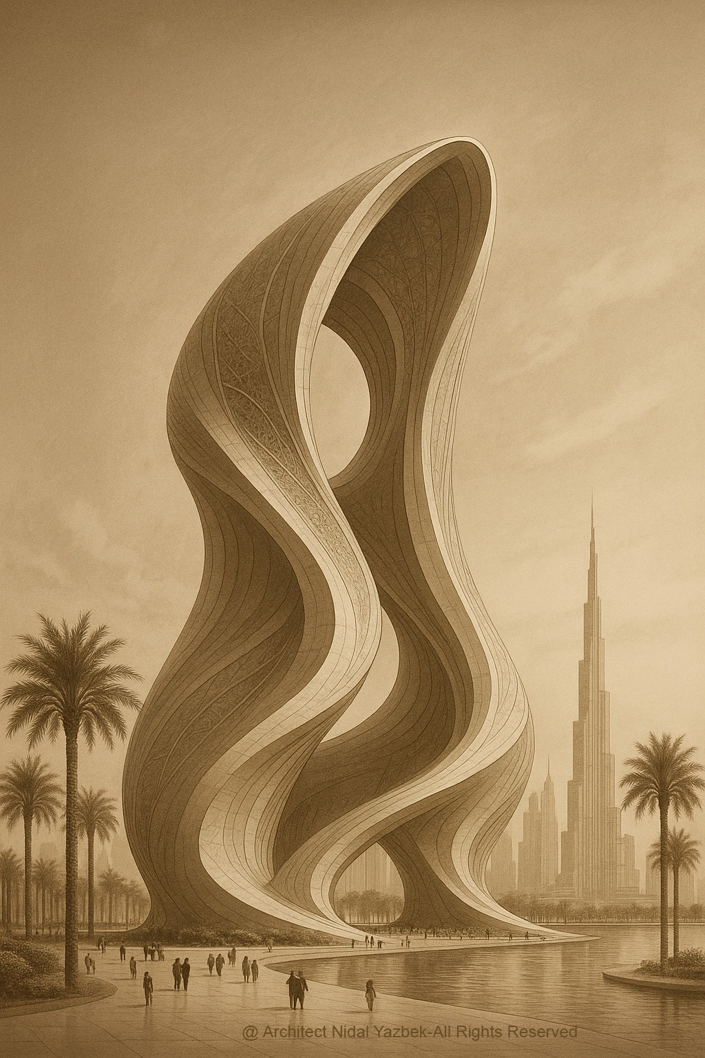 Nidal Yazbek Future Concept Elyra Landmark in Dubai with sculptural flowing architecture, golden futuristic form, waterfront setting, palm landscape, and visionary skyline presence