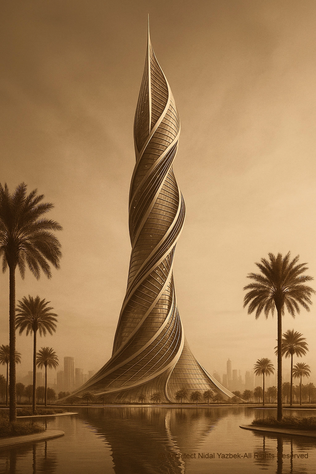 Nidal Yazbek Future Concept Luminara Tower in Dubai with golden twisting facade, palm landscape, water reflection, and futuristic architectural form