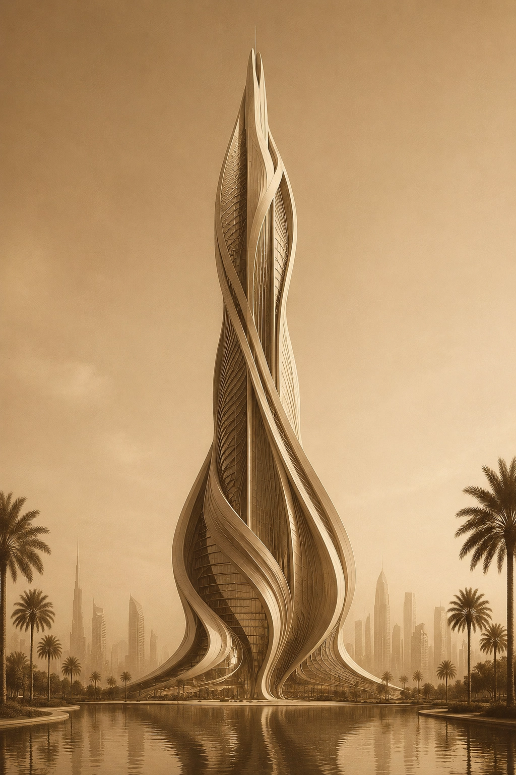 Nidal Yazbek Future Concept Seraphis Future Tower in Dubai with flowing golden vertical ribbons, sculptural futuristic facade, waterfront reflection, palm landscape, and visionary skyline presence