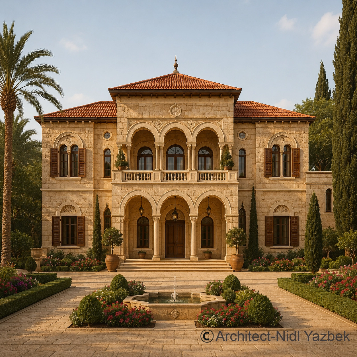 Nidal Yazbek heritage architecture rendering traditional house interior oriental majlis arches stained glass lantern cultural design luxury old architecture visualization