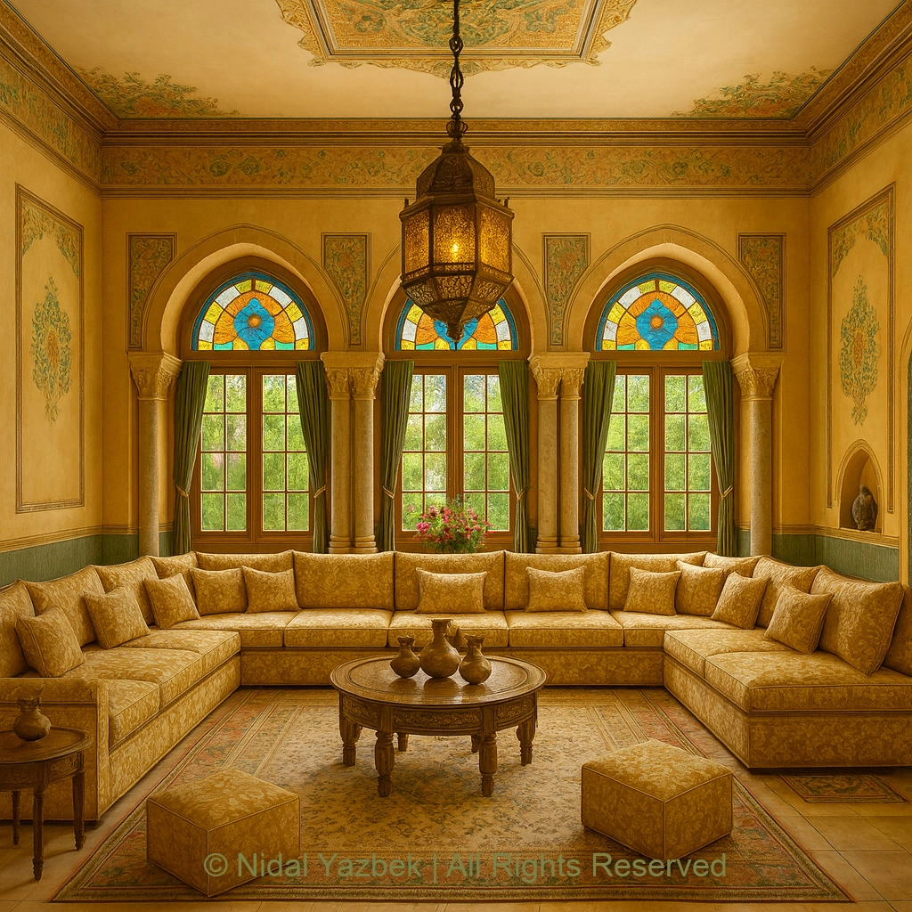 Nidal Yazbek heritage architecture rendering traditional vaulted corridor stone arches hanging lanterns warm lighting historic cultural architecture