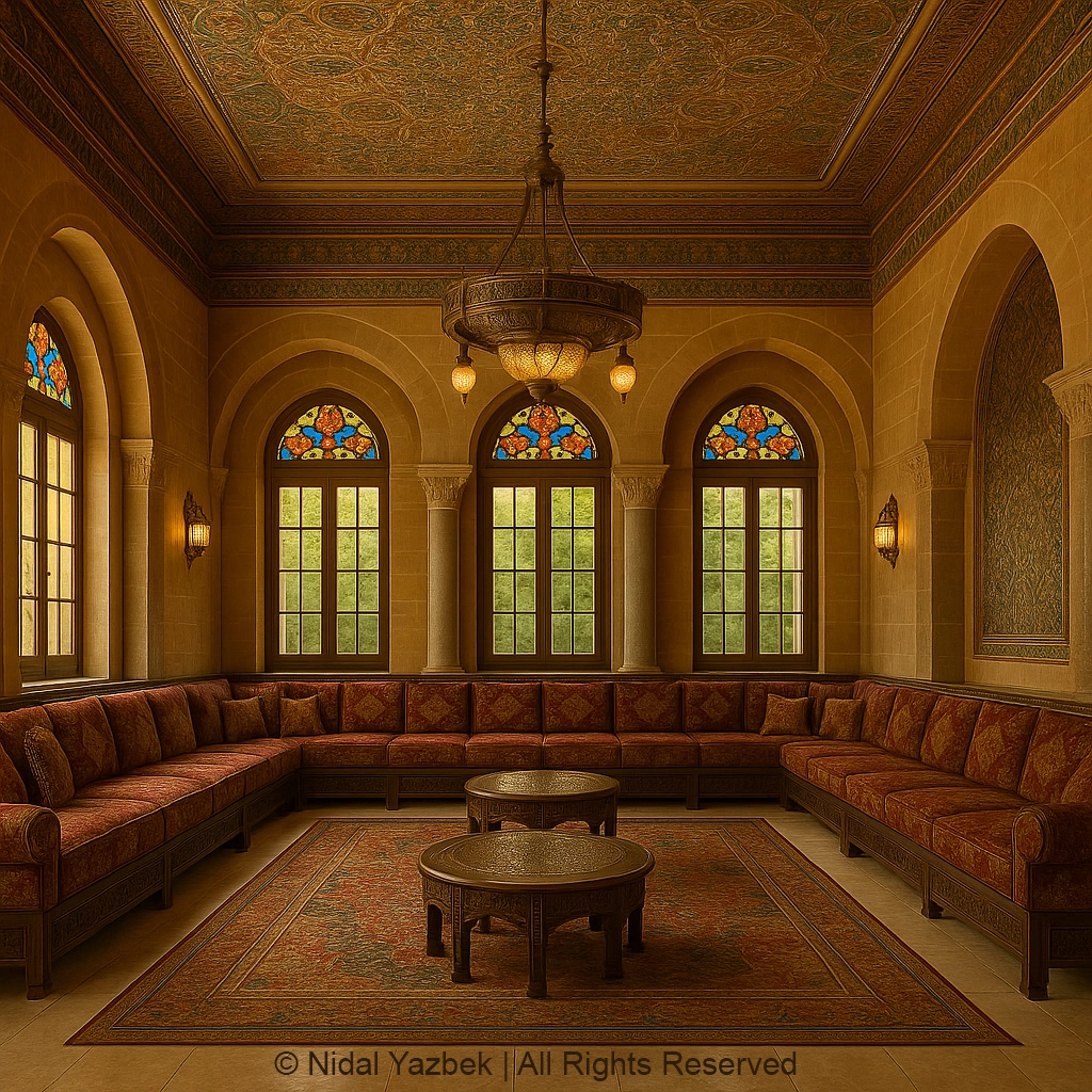 Nidal Yazbek heritage architecture rendering traditional old house interior arches stained glass wooden doors lanterns warm cultural design