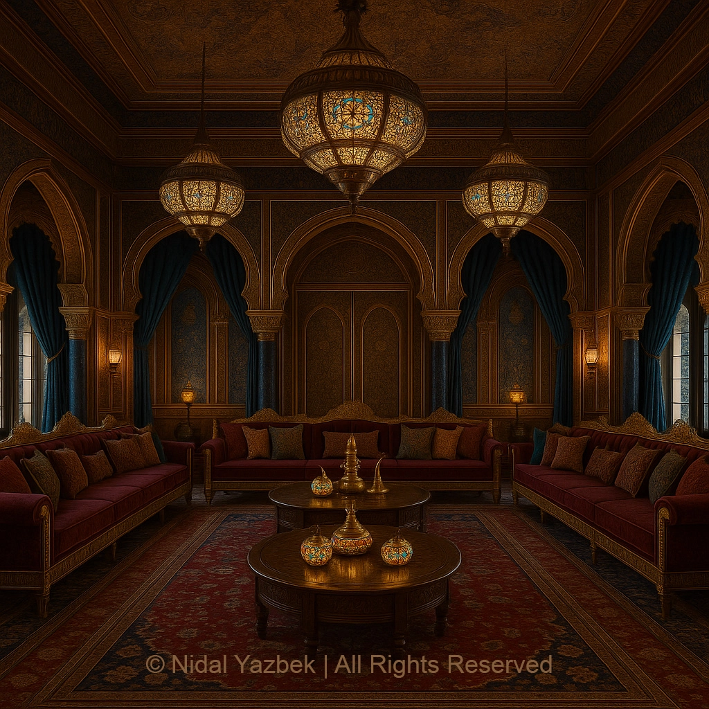 Nidal Yazbek heritage architecture rendering traditional courtyard interior stone texture arches patterned floor fountain cultural luxury house visualization