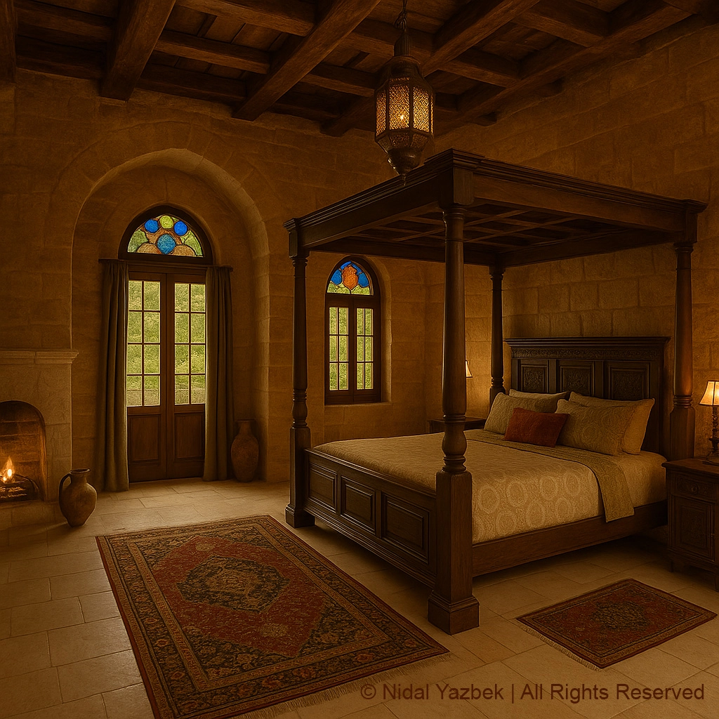 Nidal Yazbek heritage architecture rendering traditional stone villa arches wooden doors courtyard plants lanterns luxury cultural architecture