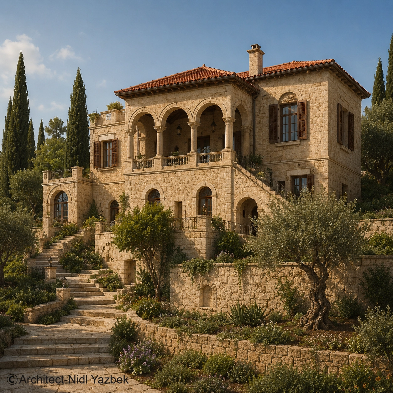 Nidal Yazbek heritage architecture rendering traditional courtyard stone arches fountain columns wooden doors cultural house design luxury oriental visualization