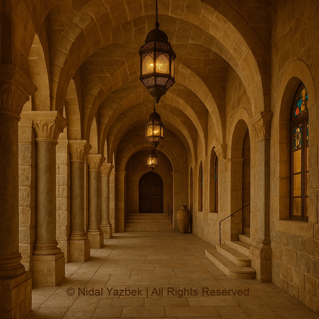 Nidal Yazbek heritage architecture rendering traditional majlis interior patterned cushions carved wood details lanterns stained glass luxury cultural design