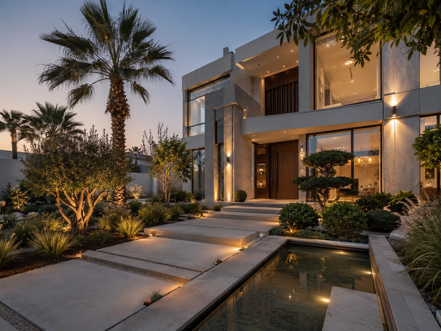 Modern poolside landscaping and outdoor living area by X4 Design and Build
