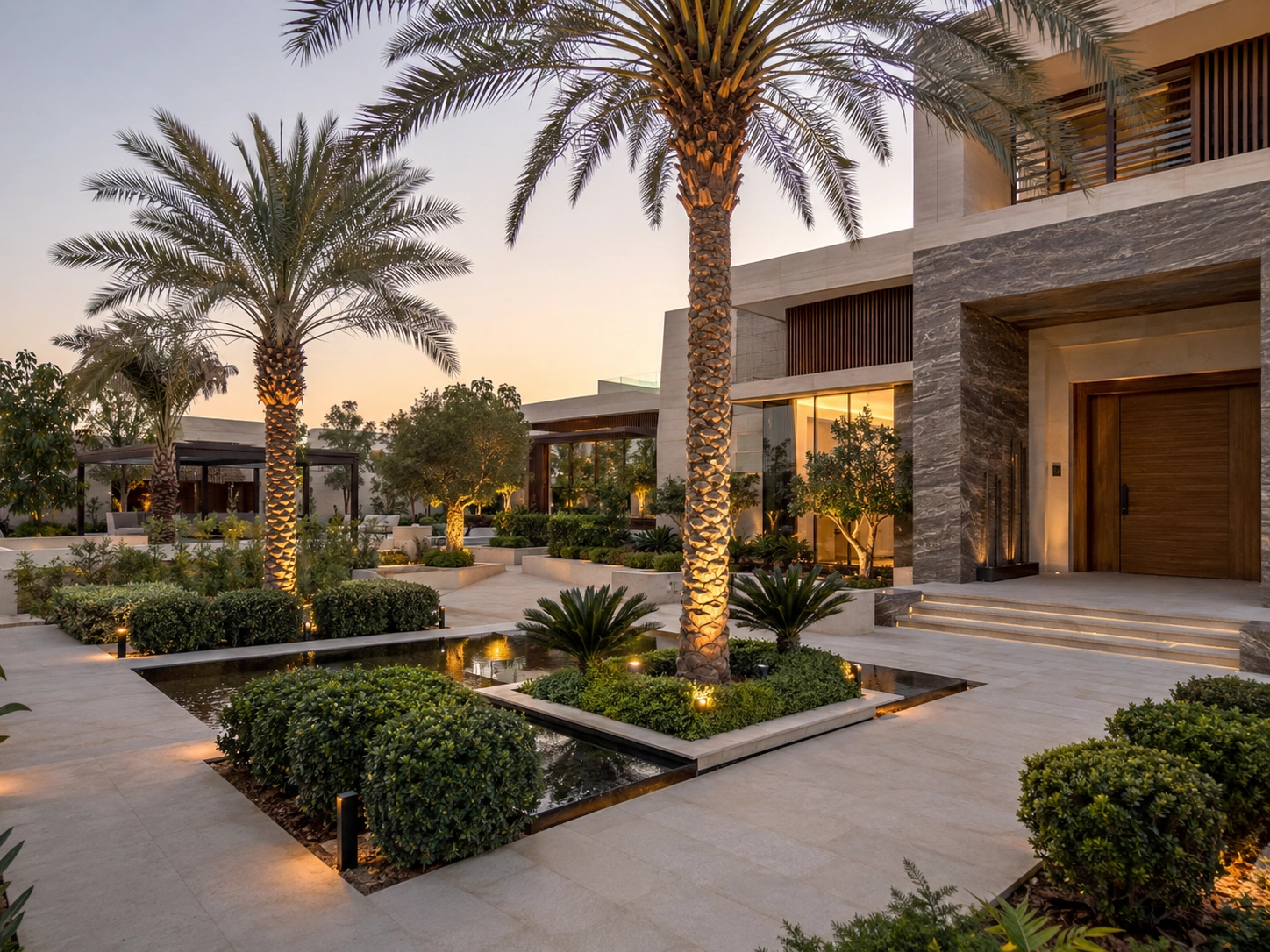 Completed villa landscape with pool, pergola, planting, and outdoor seating by X4 Design and Build