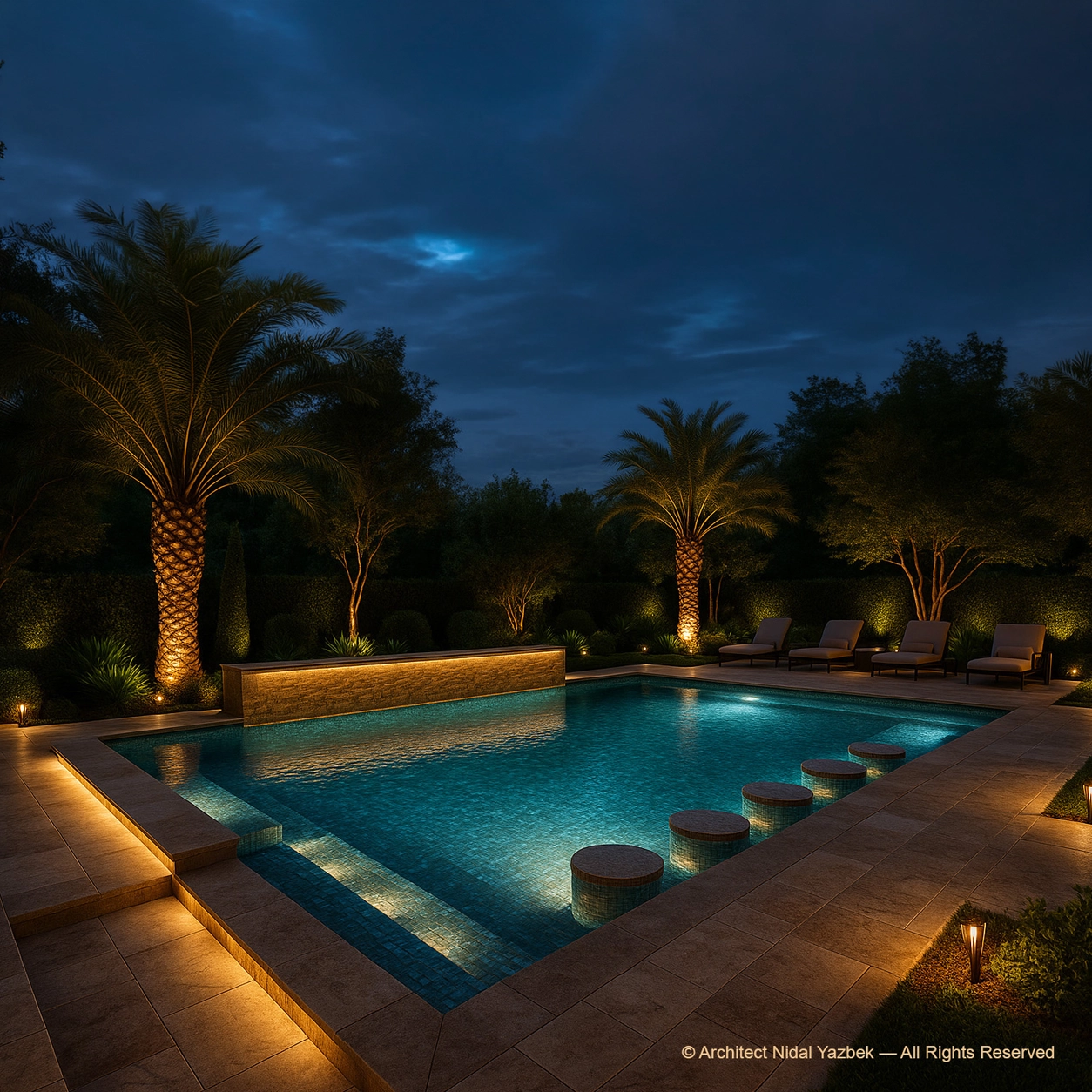 Nidal Yazbek luxury pool rendering with night pool bar, underwater stools, floating seating area, warm LED strips, palm trees, and high-end outdoor entertainment design