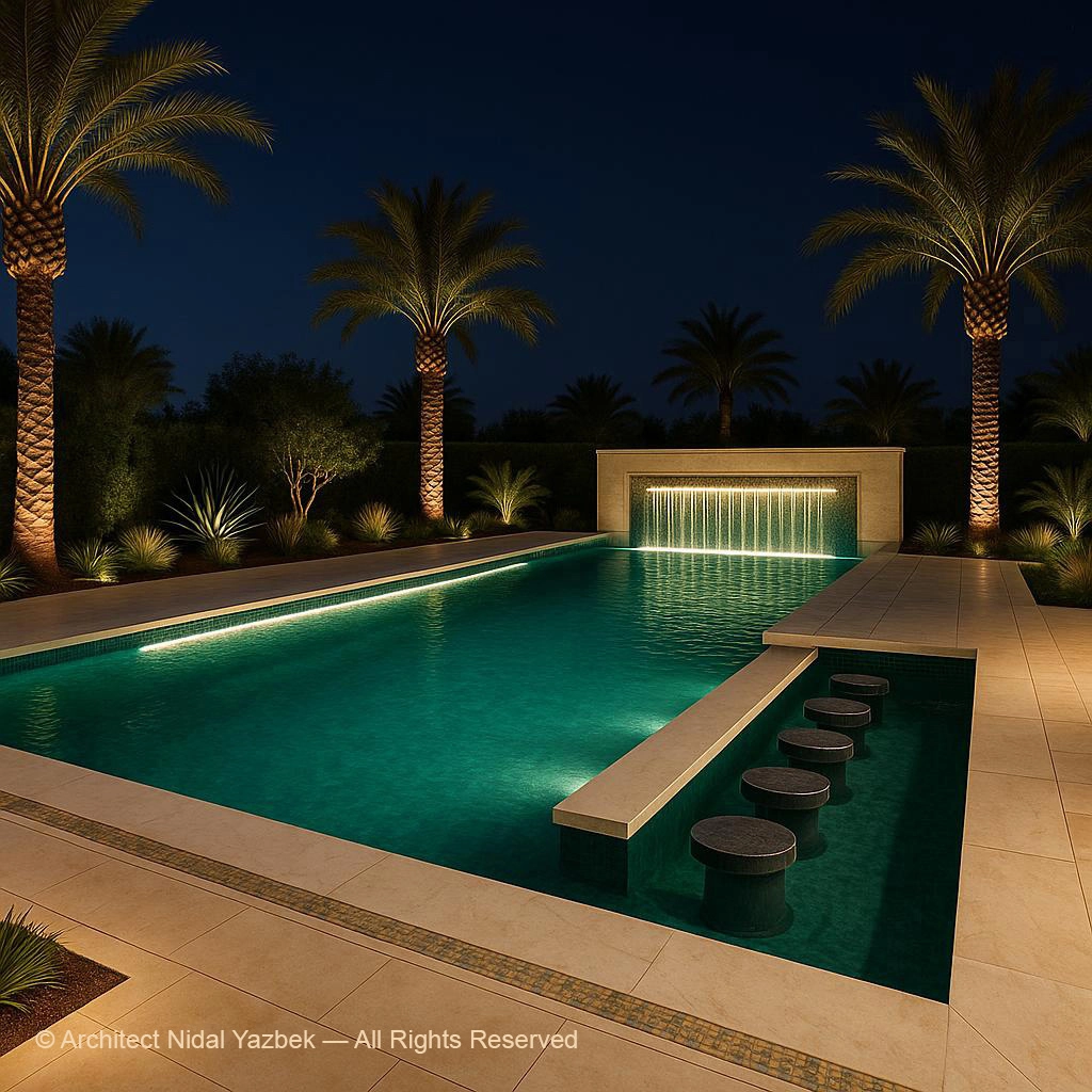 Nidal Yazbek luxury pool rendering with symmetrical night pool, arched water feature, underwater bar stools, illuminated steps, palm landscape, and elegant resort-style design