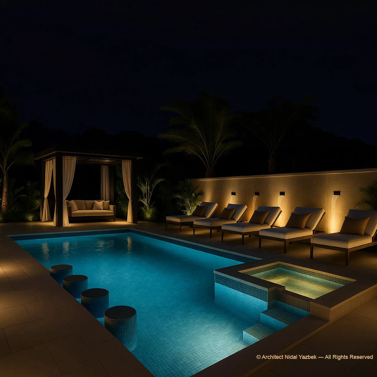 Nidal Yazbek luxury pool rendering with wide night swimming pool, palm trees, floating steps, sun loungers, soft landscape lighting, and peaceful high-end outdoor living atmosphere