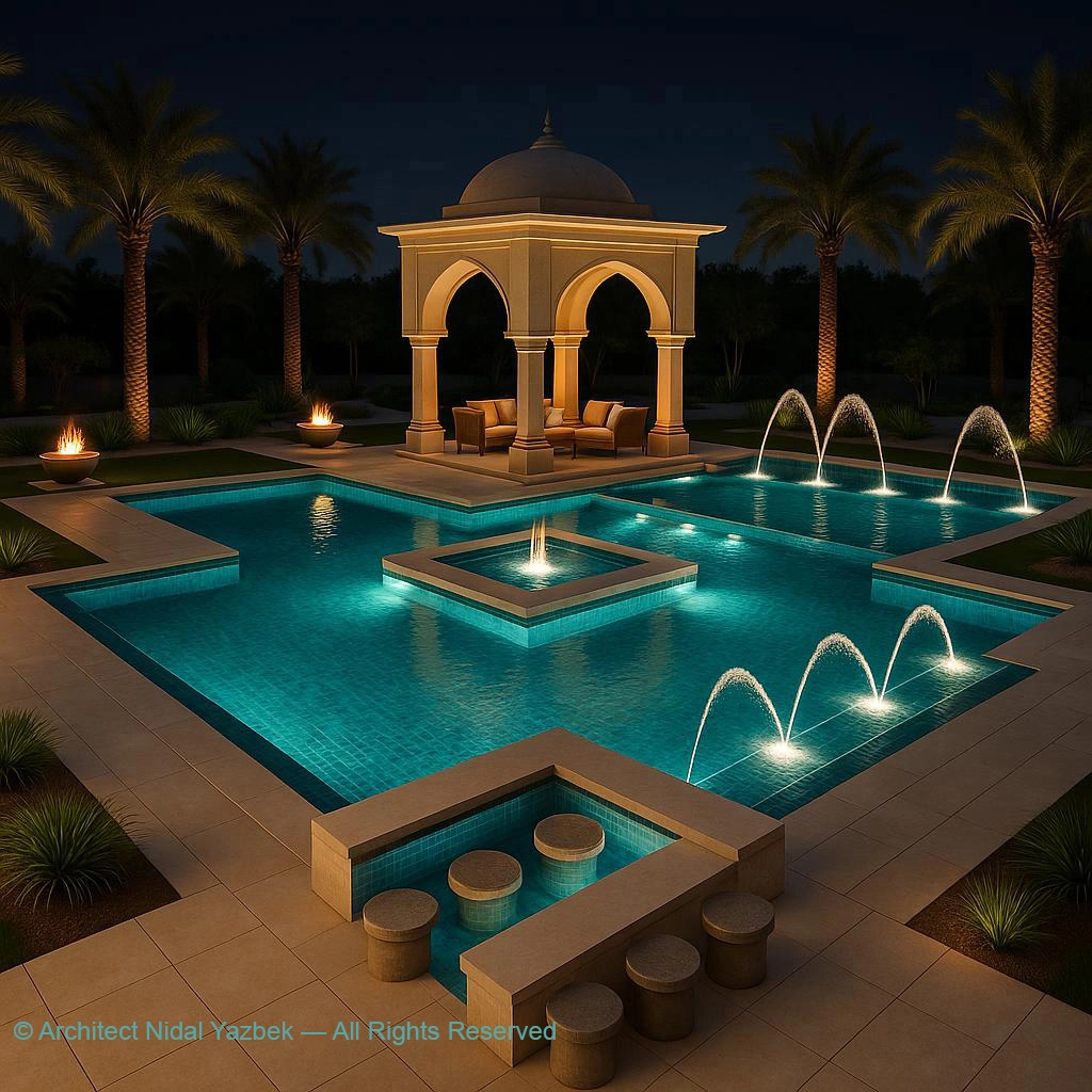 Nidal Yazbek luxury pool rendering with night lighting, long swimming pool, palm trees, garden uplights, underwater lights, stepping blocks, lounge seating, and refined landscape design