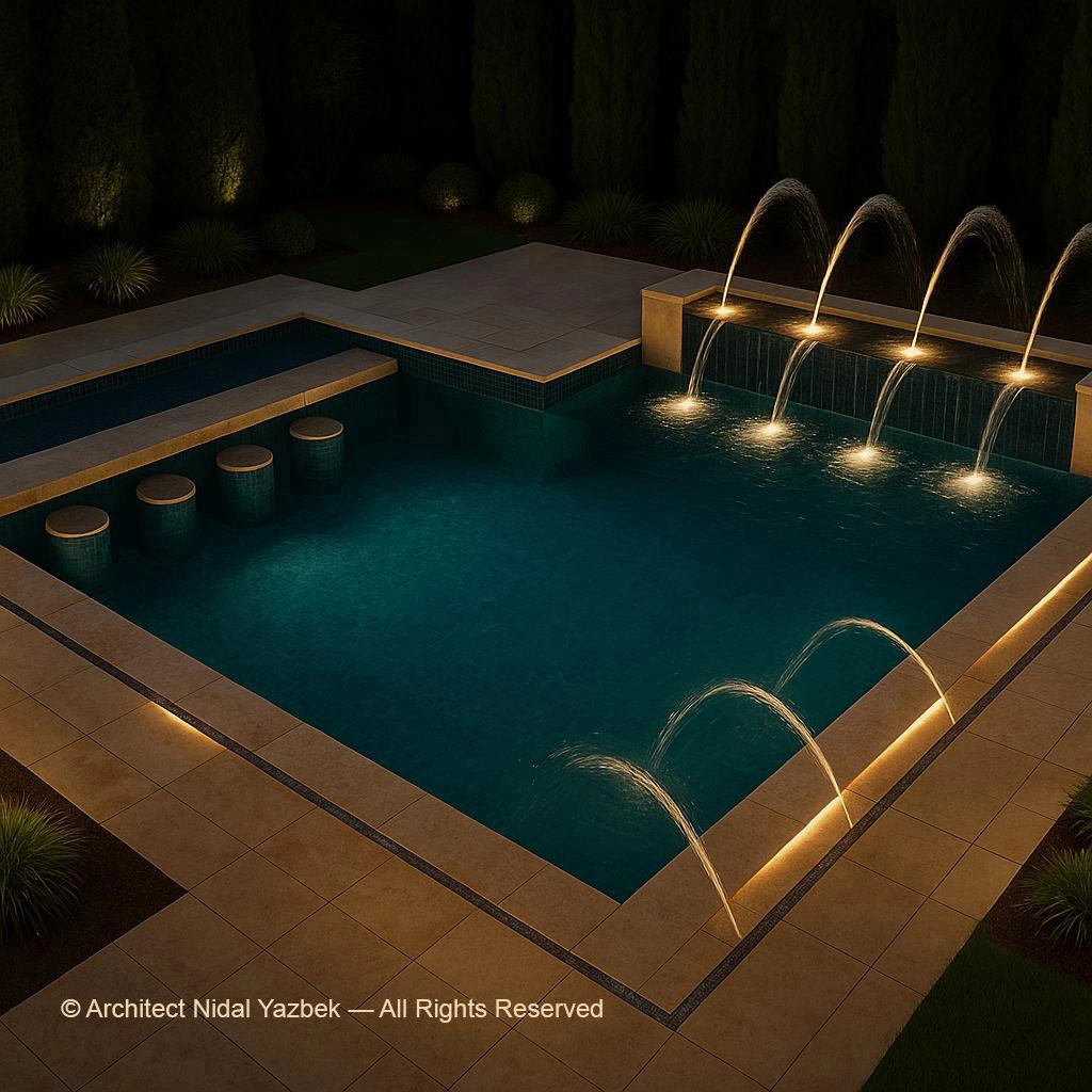 Nidal Yazbek luxury pool rendering with glowing pool edge, underwater bar stools, integrated lounge platform, sunbeds, palm trees, night landscape lighting, and modern outdoor design