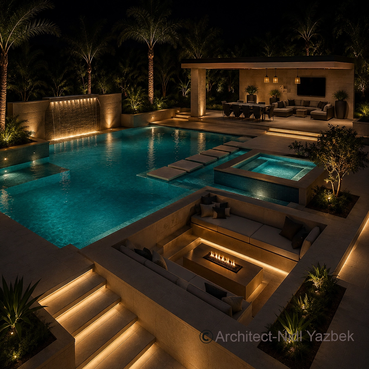 Nidal Yazbek luxury pool rendering with illuminated swimming pool, underwater stools, floating seating platform, warm linear lighting, palm trees, and modern night landscape design