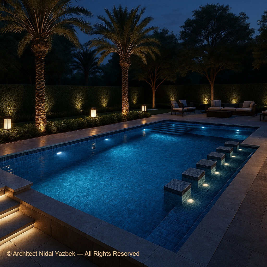 Nidal Yazbek luxury pool rendering with central pool bar, underwater stools, illuminated steps, arched water feature wall, palm trees, and elegant night landscape lighting