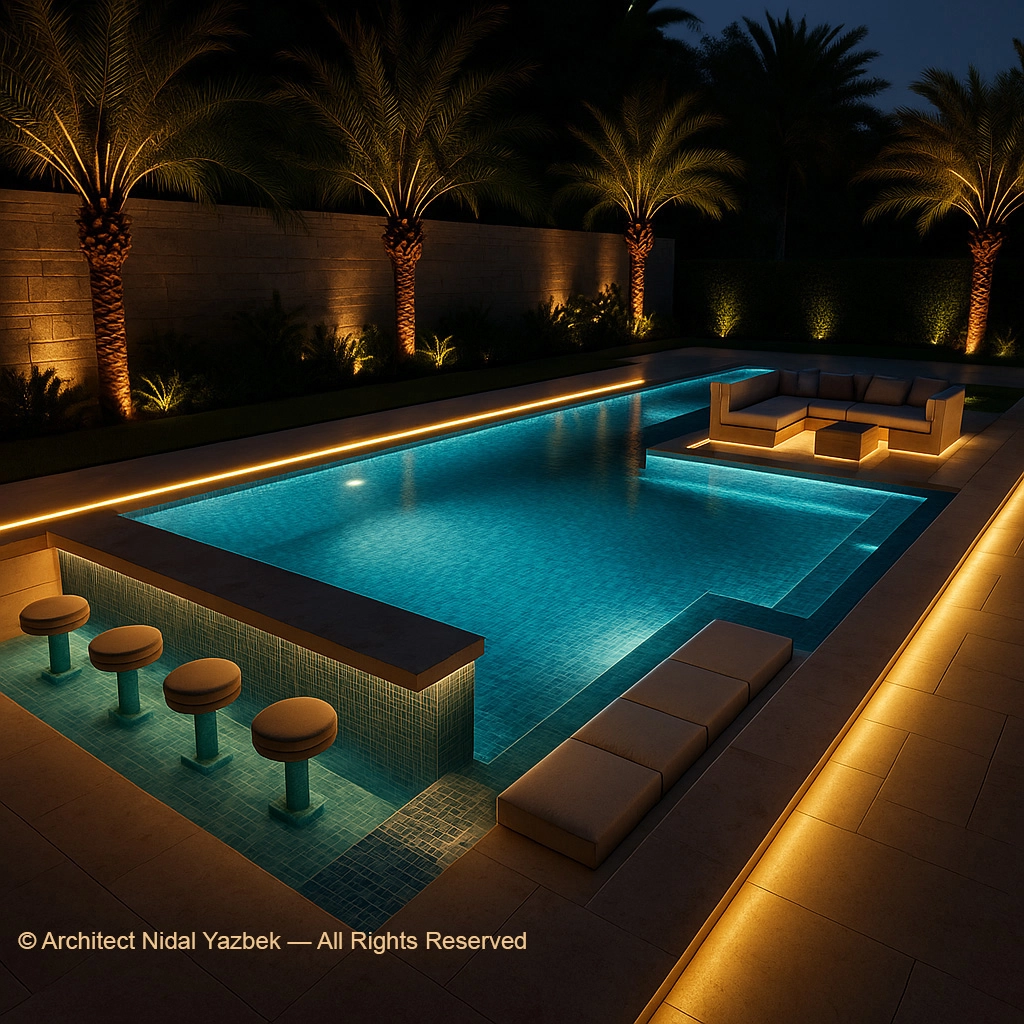 Nidal Yazbek luxury pool rendering with modern night swimming pool, illuminated water, outdoor lounge, palm trees, warm landscape lighting, spa feature, and high-end villa exterior design