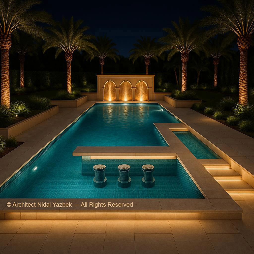Nidal Yazbek luxury pool rendering with illuminated swimming pool, palm landscape, underwater lights, stepping stones, garden seating, and elegant night exterior atmosphere