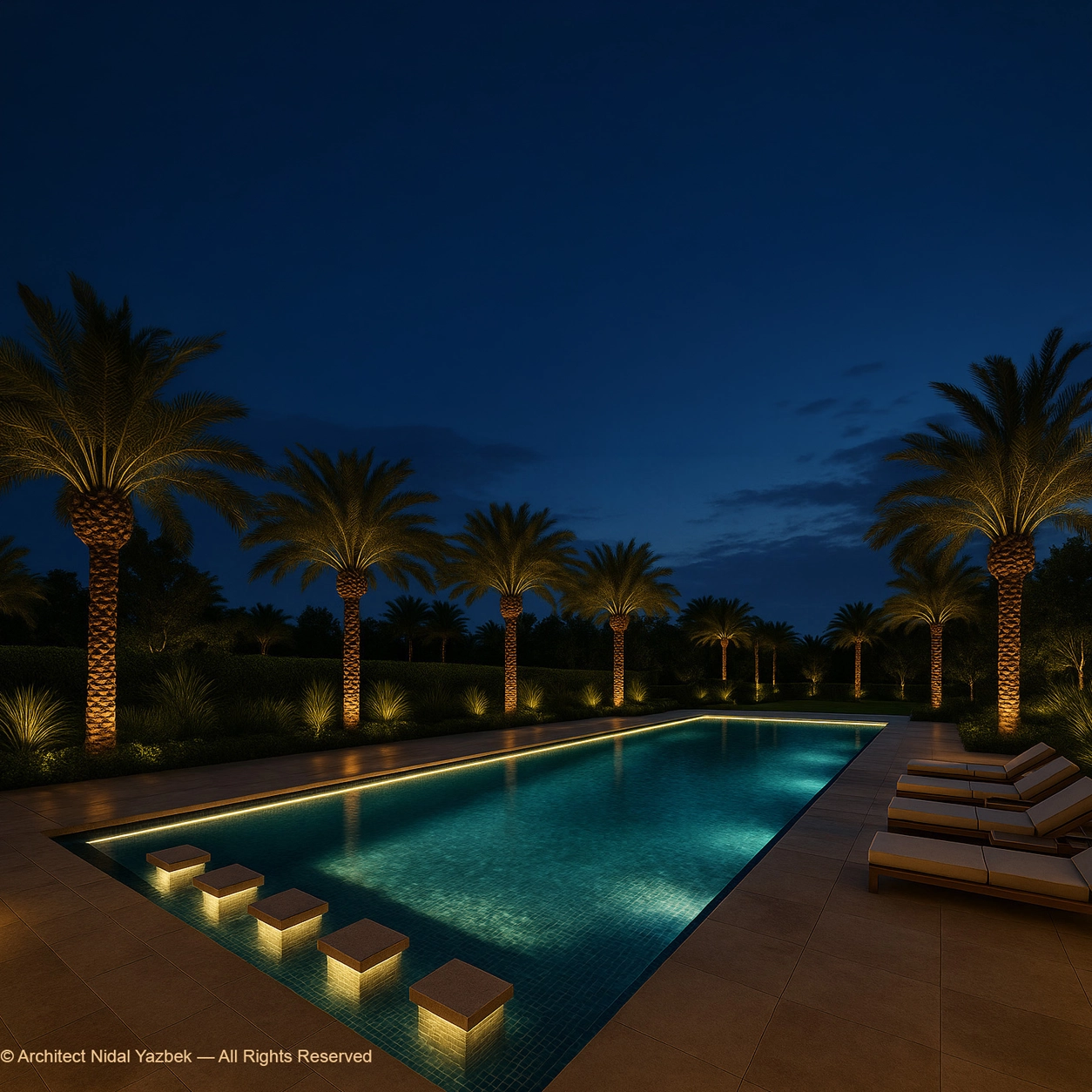 Nidal Yazbek luxury pool rendering with glowing turquoise water, integrated sunbed platform, underwater stools, palm trees, linear lighting, and modern resort landscape design
