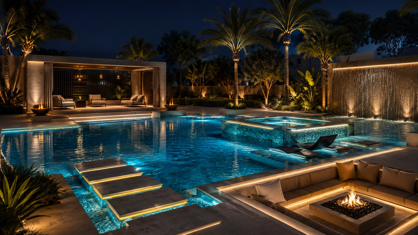 Nidal Yazbek luxury pool rendering landscape image with illuminated swimming pool, water features, palm trees, outdoor lounge, night lighting, and high-end landscape design