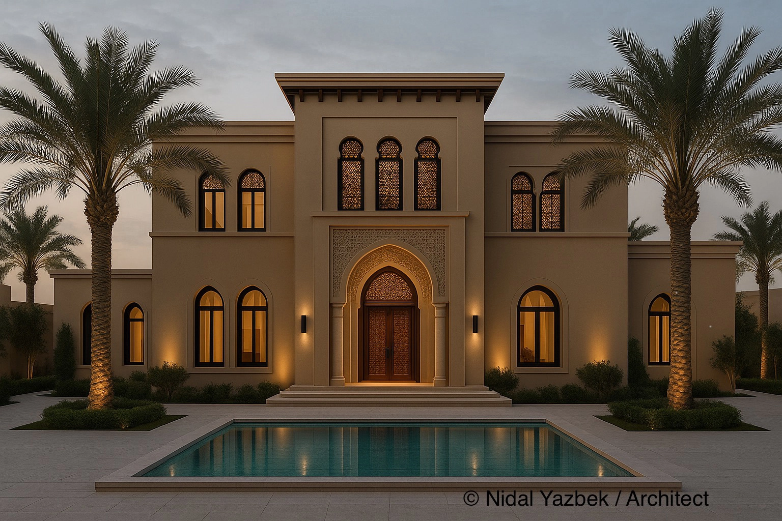 Classic luxury villa rendering with arched entrance, palm trees, pool view, and warm exterior lighting