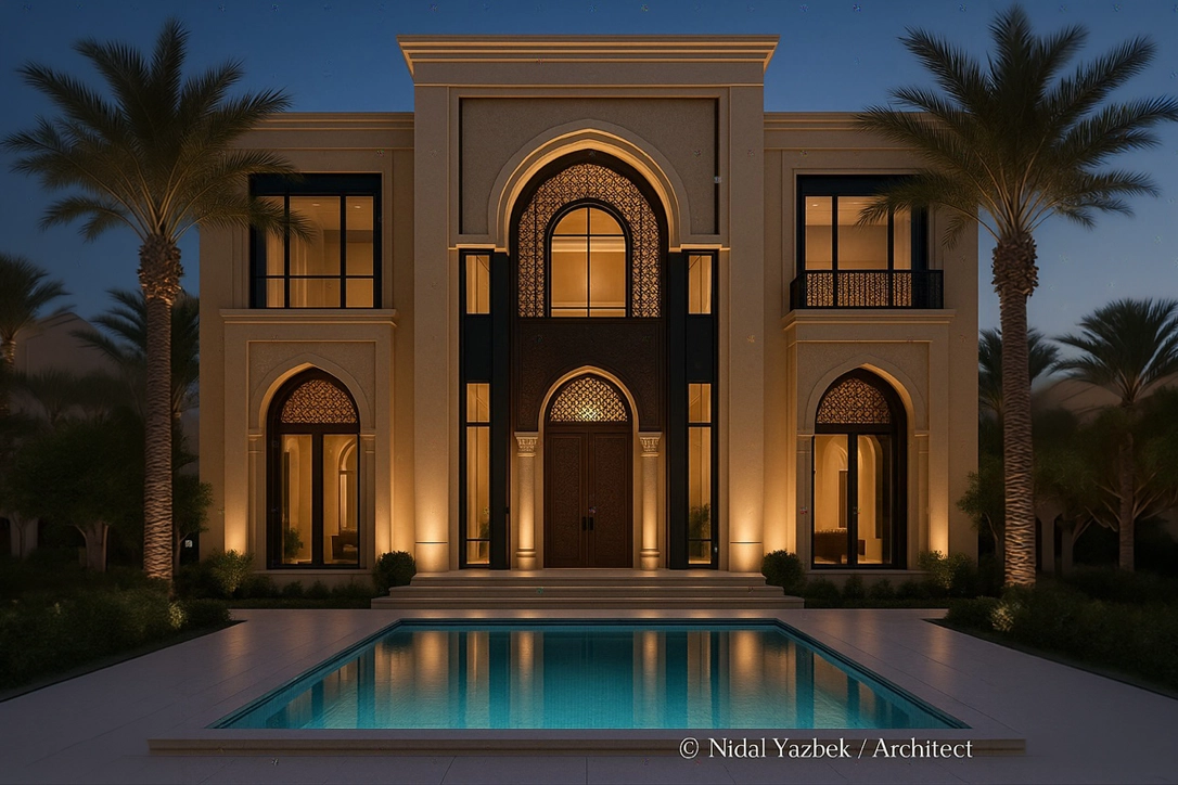 Luxury villa rendering with grand arched façade, palm trees, swimming pool, warm lights, and elegant evening atmosphere