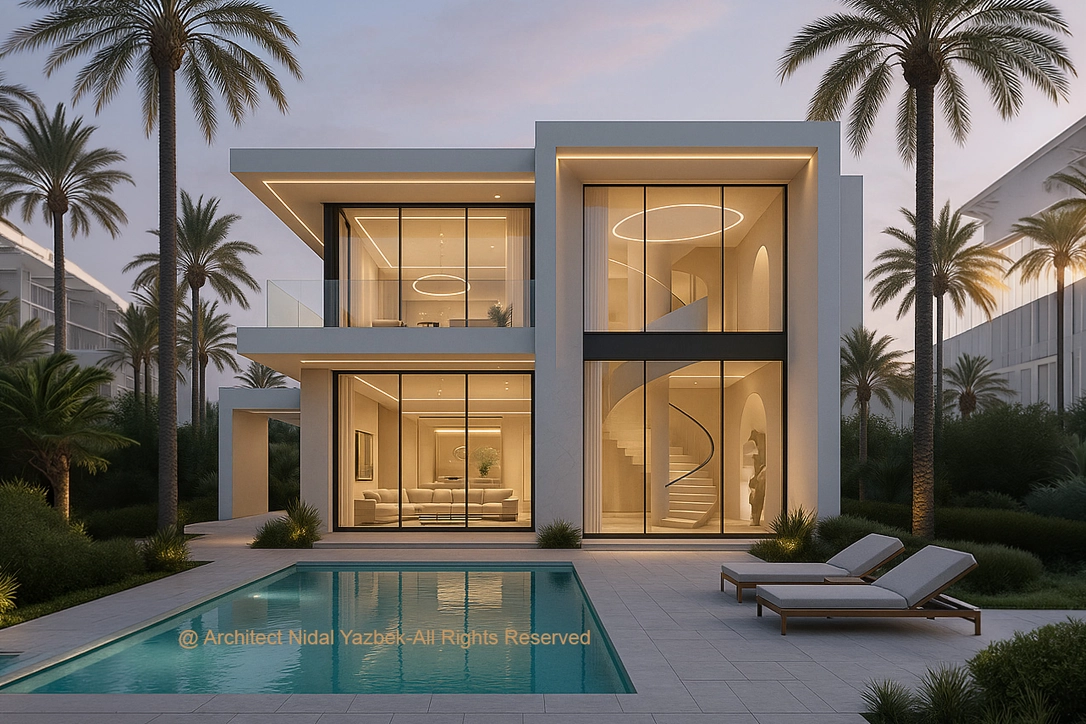 Modern villa rendering with double-height glass façade, clean white exterior, palm trees, swimming pool, and warm interior lighting