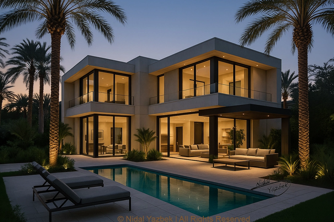 Contemporary luxury villa rendering with pool terrace, large glass façade, palm trees, outdoor seating, and evening landscape lighting