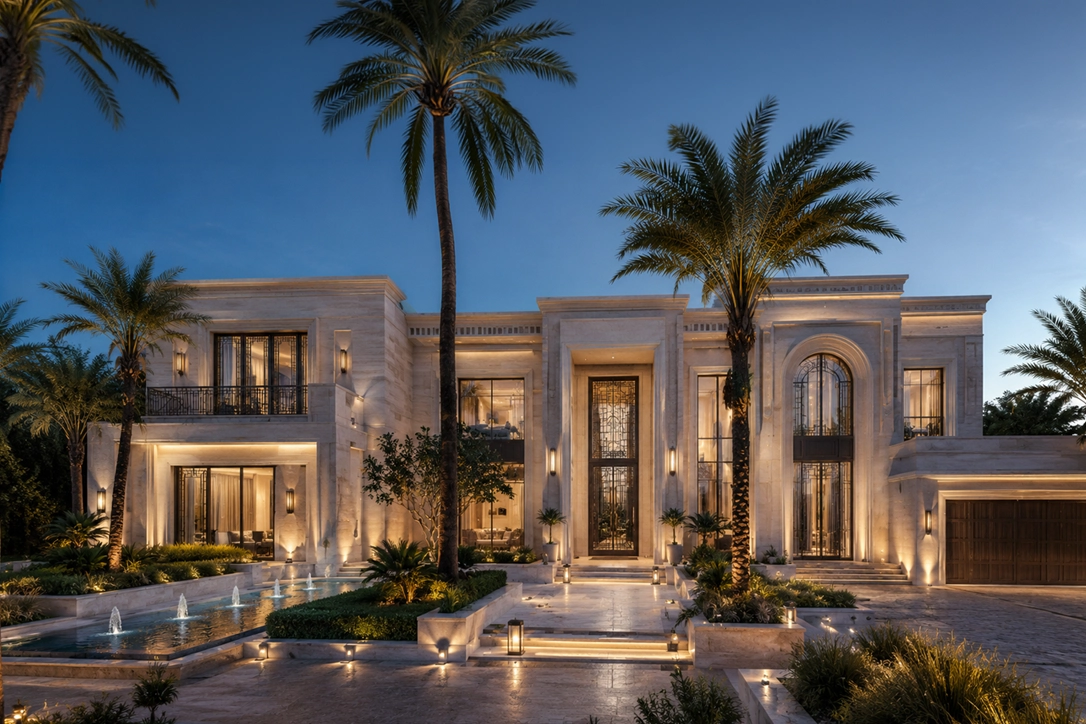 Luxury villa rendering with elegant façade, palm trees, water feature, warm exterior lighting, and high-end residential landscape