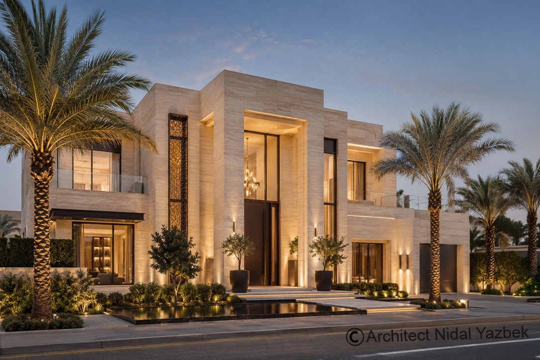 Luxury modern villa rendering with grand entrance, stone façade, palm trees, warm lighting, and premium residential exterior design