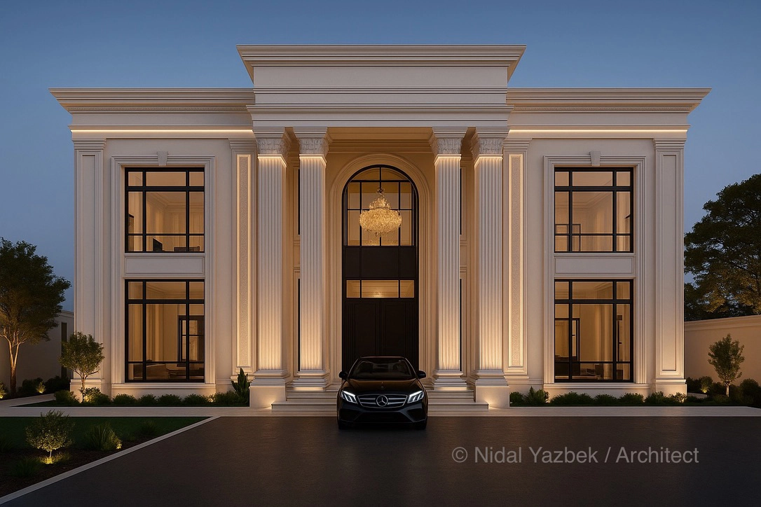 Grand luxury villa rendering with symmetrical façade, tall entrance, columns, soft lighting, and modern residential atmosphere