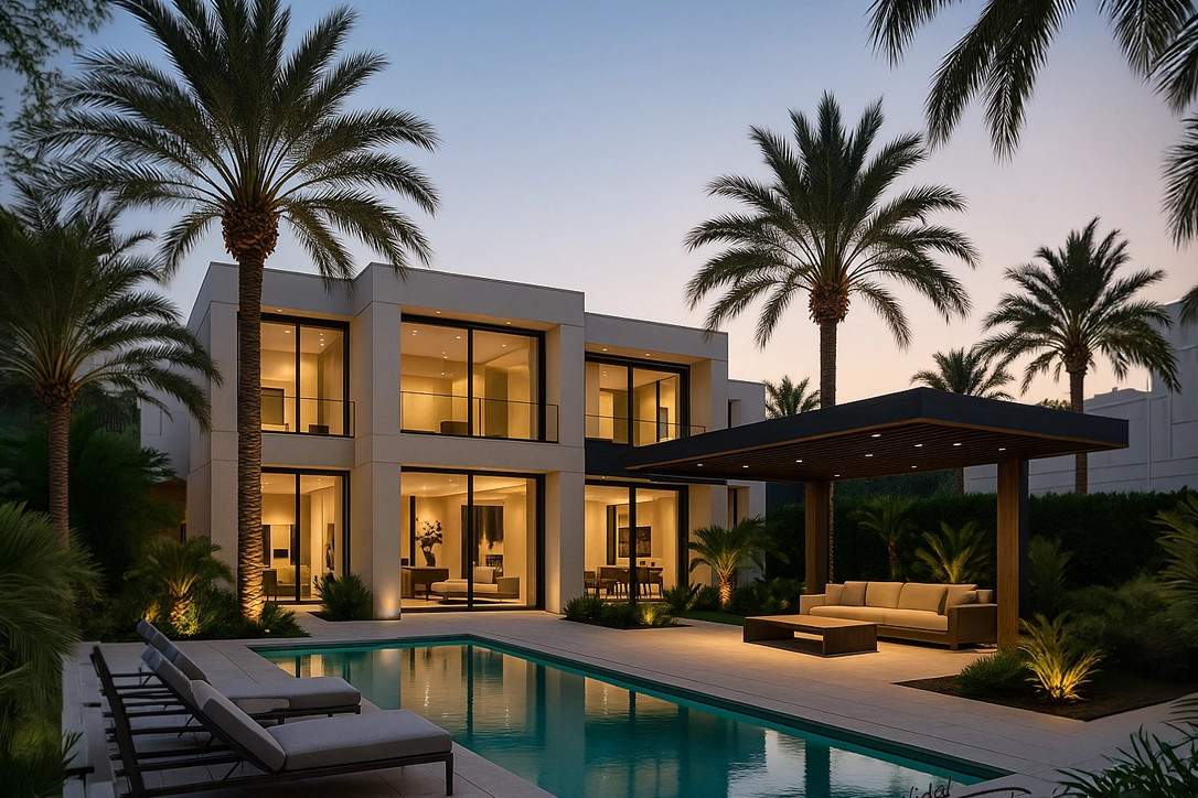 Modern luxury villa rendering with glass façade, swimming pool, pergola seating, palm trees, and evening landscape lighting