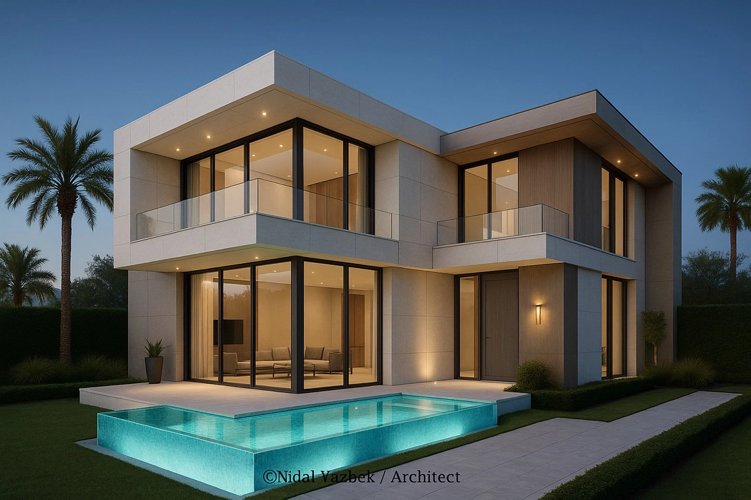 Minimal modern villa rendering with clean white architecture, large glass windows, compact pool, and tropical landscaping